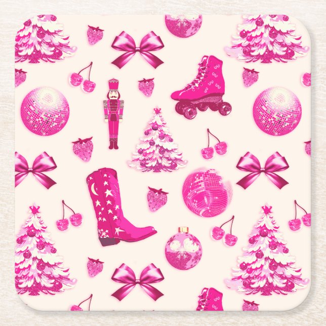 Porta-copo De Papel Quadrado Padrão de Natal Rosa-Rosa Bonito (Frente)
