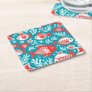 Porta-copo De Papel Quadrado Padrão de peixes vermelhos e brancos azul