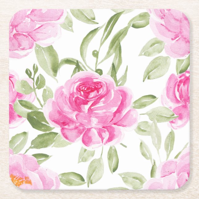 Porta-copo De Papel Quadrado Padrão de Peões Rosa Bonito com Aquarela (Frente)