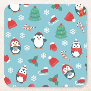 Porta-copo De Papel Quadrado Padrão de Pinguins de Natal Fofo