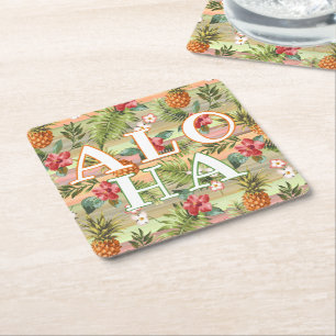 Porta-copo De Papel Quadrado Padrão de Stripe Floral de Fruta de Abacaxi Tropic