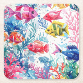 Porta-copo De Papel Quadrado Padrão de Vida do Mar de Cores Aquáticas Tropicais