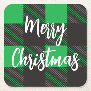 Porta-copo De Papel Quadrado Padrão de Xadrez Verde Feliz Natal