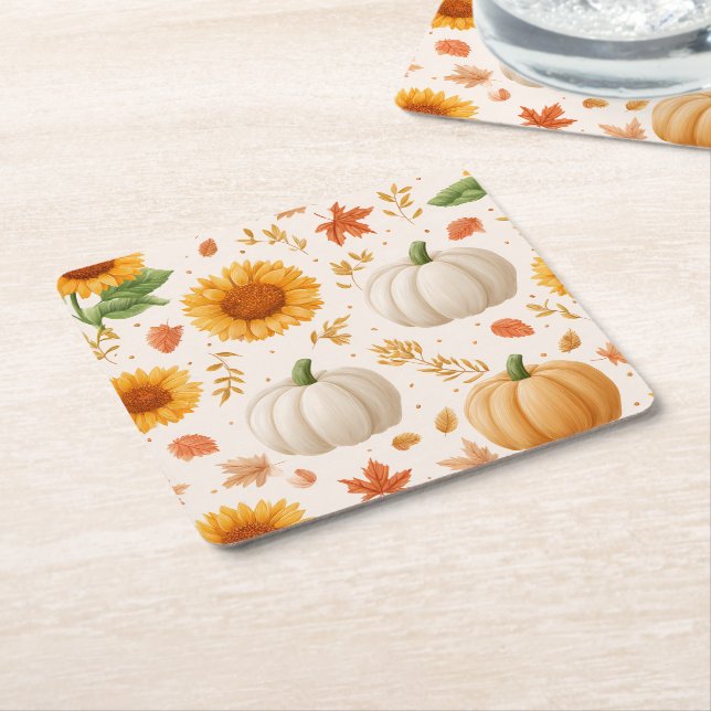 Porta-copo De Papel Quadrado Padrão do Autumn Pumpkins & Sunflower (Inclinado)