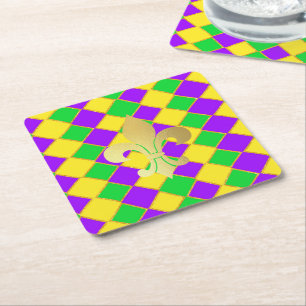 Porta-copo De Papel Quadrado Padrão Dourado de Mardi Gras Harlequin Roxo Verde