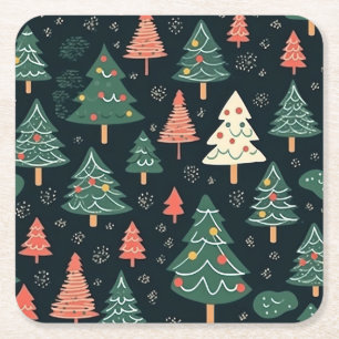 Porta-copo De Papel Quadrado Padrão Festivo de Árvore de Natal Verde e Coral