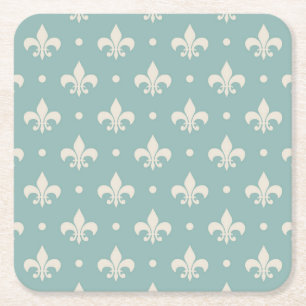 Porta-copo De Papel Quadrado Padrão Fleur De Lis da cinza em fundo de turquesa