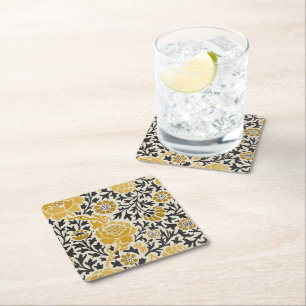 Porta-copo De Papel Quadrado Padrão floral amarelo e preto estilo retrô