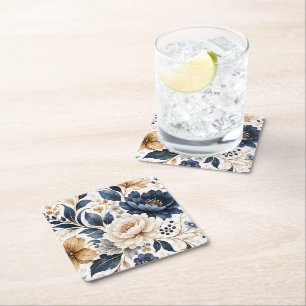 Porta-copo De Papel Quadrado Padrão floral azul marinho e creme elegante com de