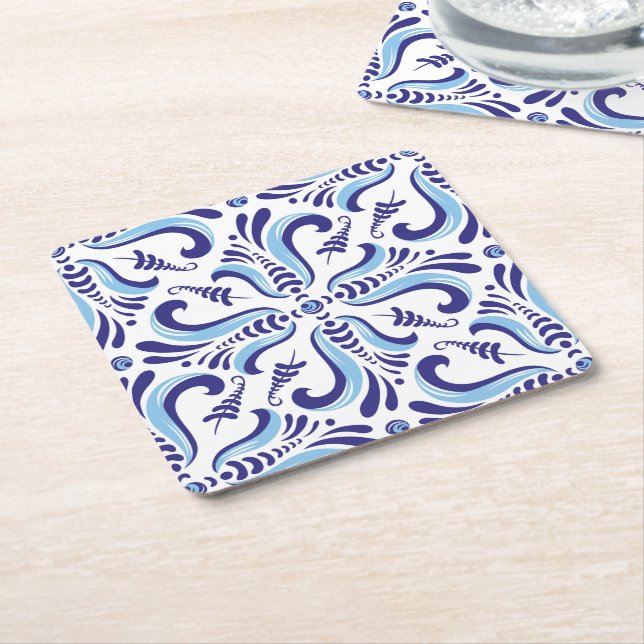Porta-copo De Papel Quadrado Padrão Floral Azulejos Azul (Inclinado)