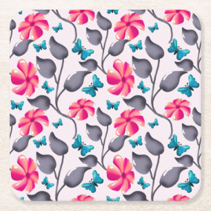 Porta-copo De Papel Quadrado Padrão Floral Borboleta Elegante Botânico