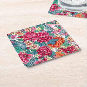 Porta-copo De Papel Quadrado Padrão Floral Chinês Colorido