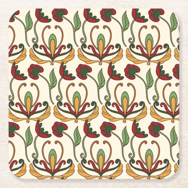 Porta-copo De Papel Quadrado Padrão floral contínuo com vermelho e amarelo  (Frente)