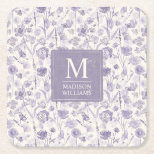 Porta-copo De Papel Quadrado Padrão Floral de Flores de Lavanda Roxo Aquarela