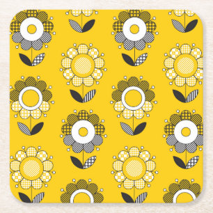 Porta-copo De Papel Quadrado Padrão Floral de Folk Amarelo Simples