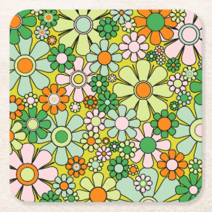 Porta-copo De Papel Quadrado Padrão Floral de Primavera do Groovy Retro Garden