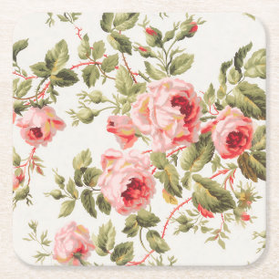 Porta-copo De Papel Quadrado Padrão floral de rosas cor-de-rosa vintage