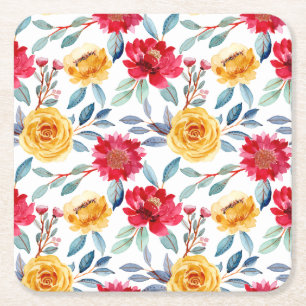 Porta-copo De Papel Quadrado Padrão Floral em Aquarela Alegre em Rosa Amarelo