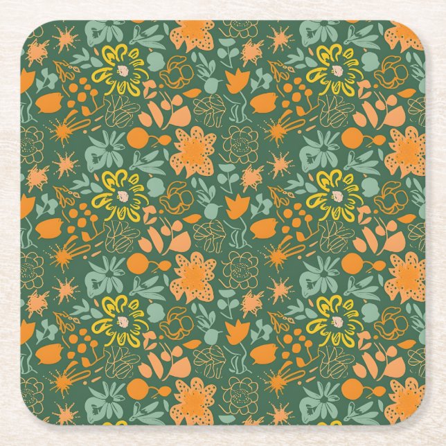Porta-copo De Papel Quadrado Padrão floral em um fundo verde escuro (Frente)