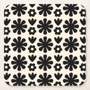 Porta-copo De Papel Quadrado Padrão Floral Escandinavo Retroativo Preto e Creme