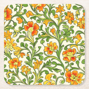 Porta-copo De Papel Quadrado Padrão floral laranja e amarelo Art Nouveau