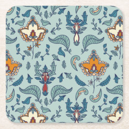 Porta-copo De Papel Quadrado Padrão floral ornamentado em fundo azul claro
