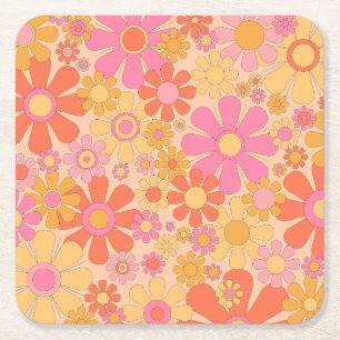 Porta-copo De Papel Quadrado Padrão Floral Retro Groovy Anos 60 70 Flores