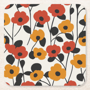 Porta-copo De Papel Quadrado Padrão Floral Retroativo Negrito Vermelho, Laranja
