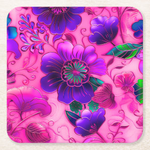 Porta-copo De Papel Quadrado Padrão floral roxo de clena cor-de-rosa