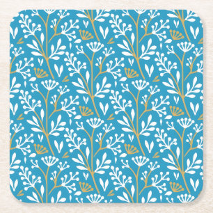 Porta-copo De Papel Quadrado Padrão Floral Sem Costura: Branco e Dourado em Azu