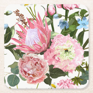 Porta-copo De Papel Quadrado Padrão floral tropical com flores rosa.