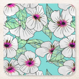 Porta-copo De Papel Quadrado Padrão Floral Tropical de Hibiscus Rosa e Branco