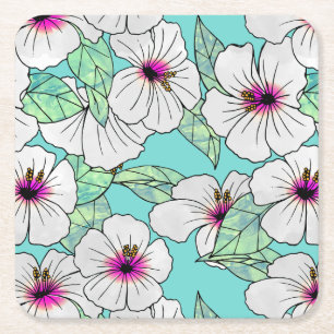 Porta-copo De Papel Quadrado Padrão Floral Tropical de Hibiscus Rosa e Branco