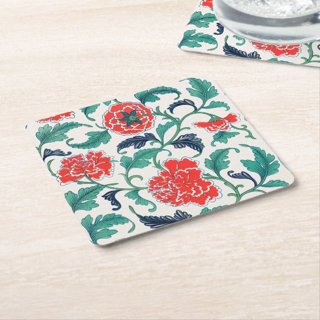 Porta-copo De Papel Quadrado Padrão Floral Vermelho e Verde (Inclinado)