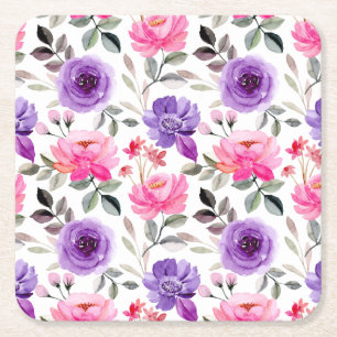 Porta-copo De Papel Quadrado Padrão Floral Vibrante em Aquarela em Rosa e Roxo