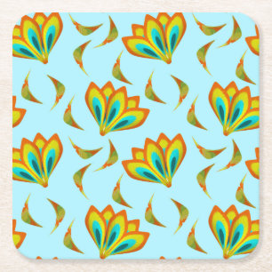 Porta-copo De Papel Quadrado Padrão floral vibrante sobre fundo azul claro