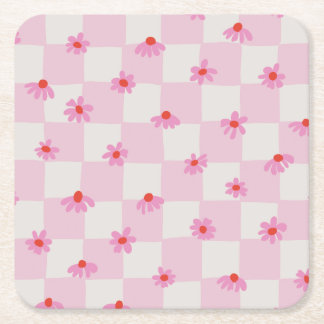 Porta-copo De Papel Quadrado Padrão Floral Xadrez de Margaridas Rosa Suave