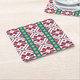 Porta-copo De Papel Quadrado Padrão geométrico tribal vermelho, azul e estrela