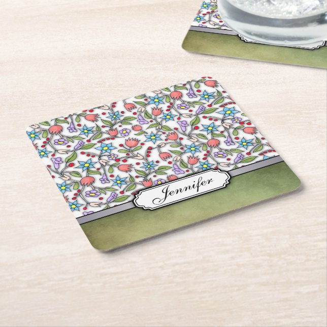 Porta-copo De Papel Quadrado Padrão Girly Floral: Personalizável (Inclinado)