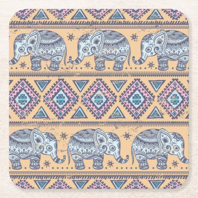 Porta-copo De Papel Quadrado Padrão Tribal de Elefante Azul (Frente)
