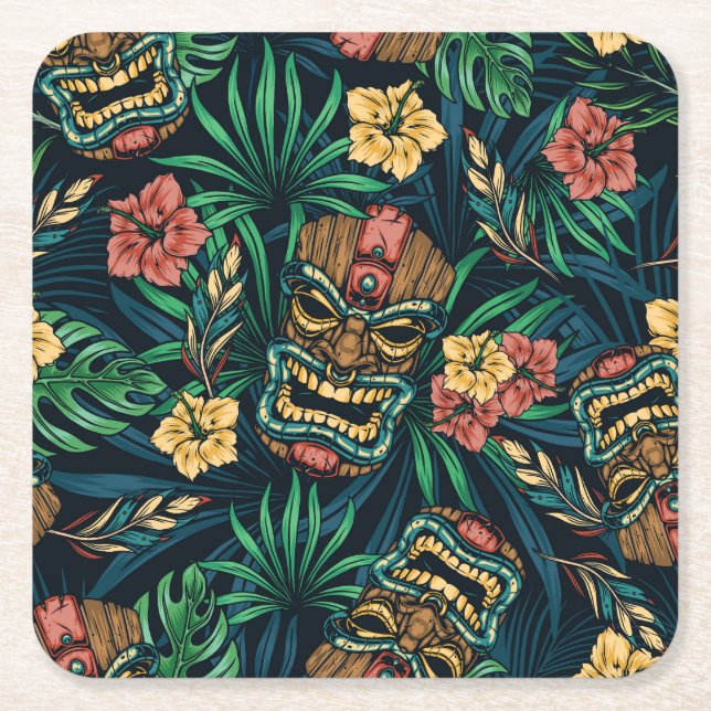 Porta-copo De Papel Quadrado Padrão Tropical de Máscara de Tiki Havaiano (Frente)