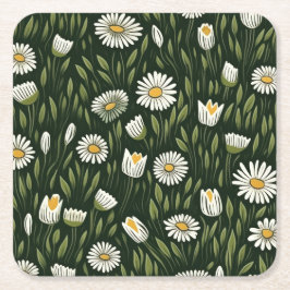 Porta-copo De Papel Quadrado Padrão Vibrante de Margaridas com Acentos Verde Ex