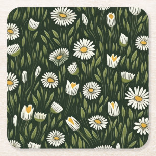 Porta-copo De Papel Quadrado Padrão Vibrante de Margaridas com Acentos Verde Ex