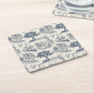 Porta-copo De Papel Quadrado Padrão Vintage Francês Country "Toile de Jouy Azul