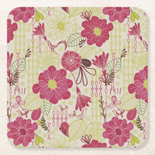Porta-copo De Papel Quadrado Padrões de desenho de plantas e aves retro