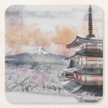 Pagode Japonesa em Aquarela & Monte Fuji 