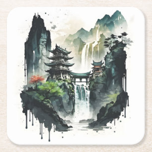 Porta-copo De Papel Quadrado Paisagem Chinesa Antiga com Cascata