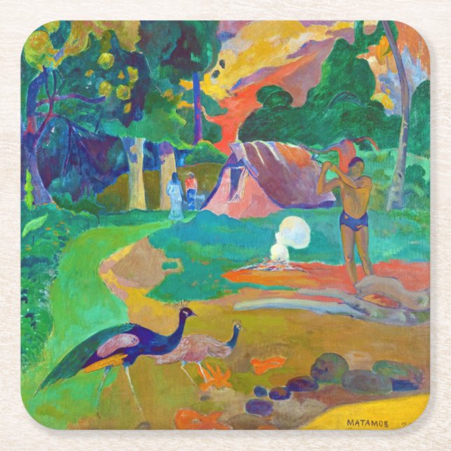Porta-copo De Papel Quadrado Paisagem com Peacocks, Gauguin (Frente)