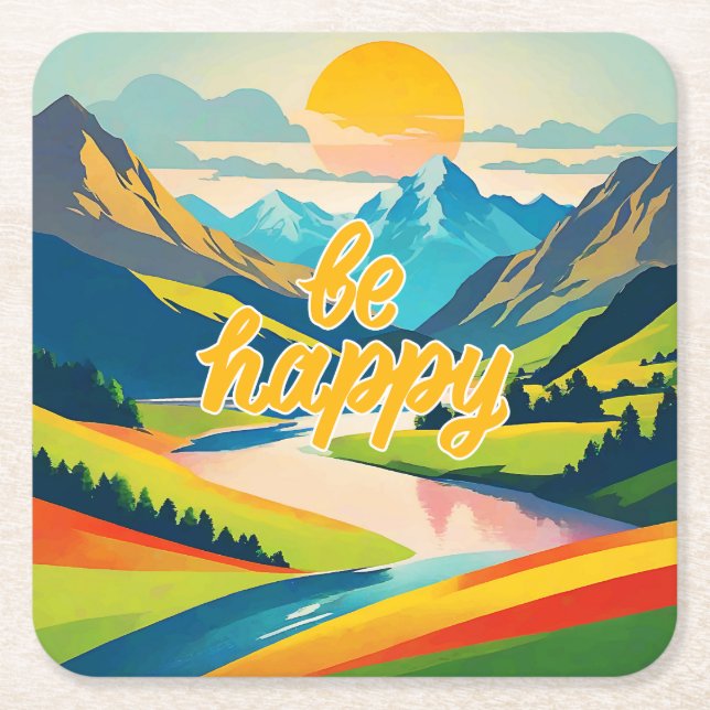 Porta-copo De Papel Quadrado Paisagem da Montanha Retroativa (Frente)