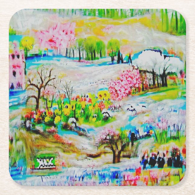 Porta-copo De Papel Quadrado Paisagem de Aquarela 2 (Frente)